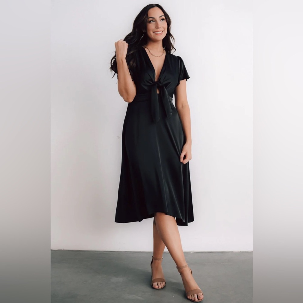 Baltic Born Poppy midi tie front satin dress, dark teal color size XXL